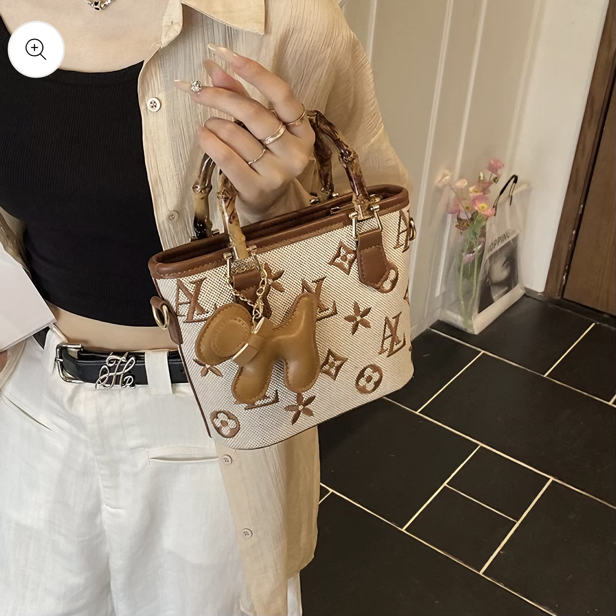 Retro Pattern Handbag with Bamboo Handle – Minimalist Crossbody Tote (Multiple Colors)