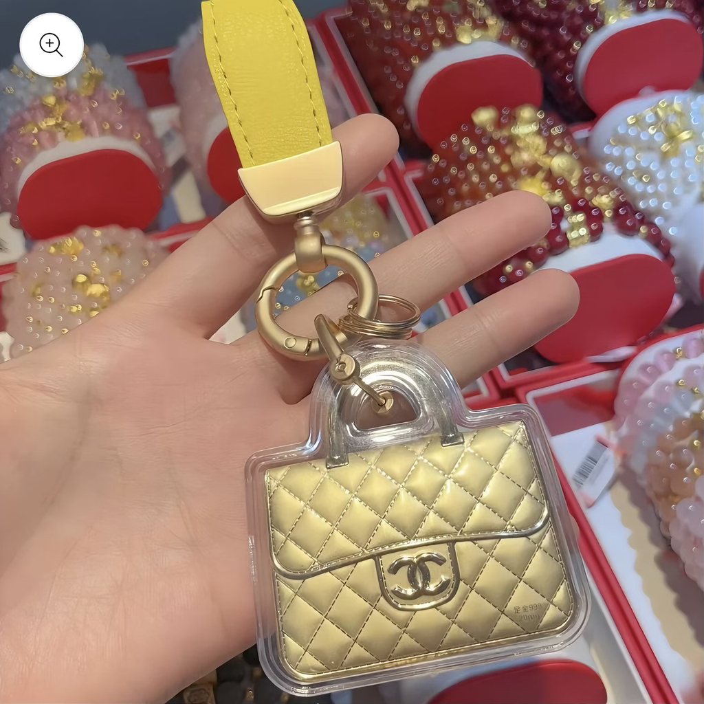 Luxury Gold Handbag Keychain Charm – Mini Bag Pendant with Leather Strap