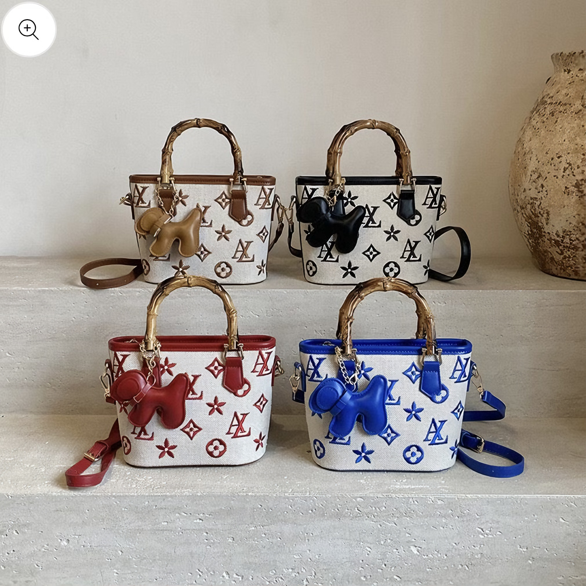 Retro Pattern Handbag with Bamboo Handle – Minimalist Crossbody Tote (Multiple Colors)