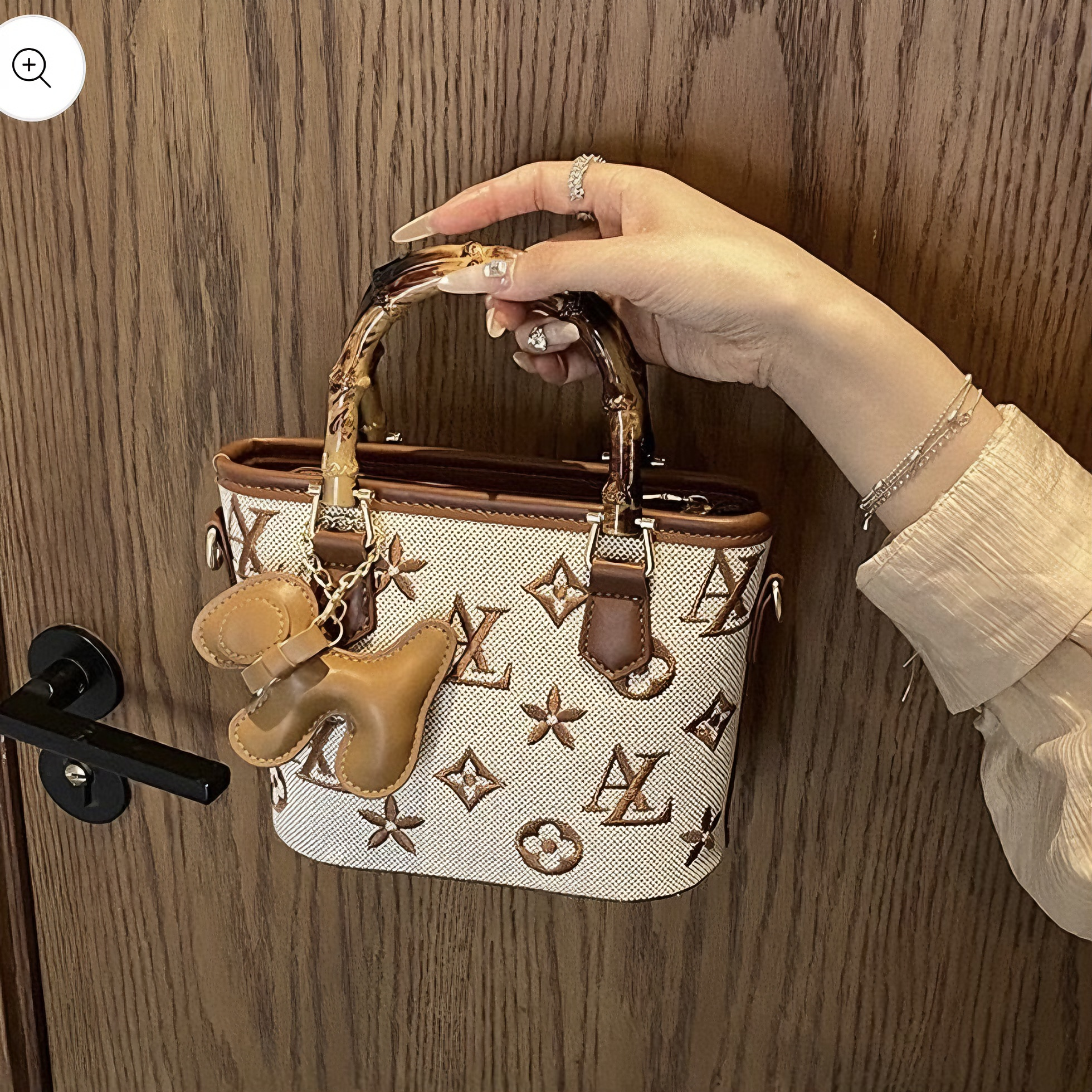 Retro Pattern Handbag with Bamboo Handle – Minimalist Crossbody Tote (Multiple Colors)