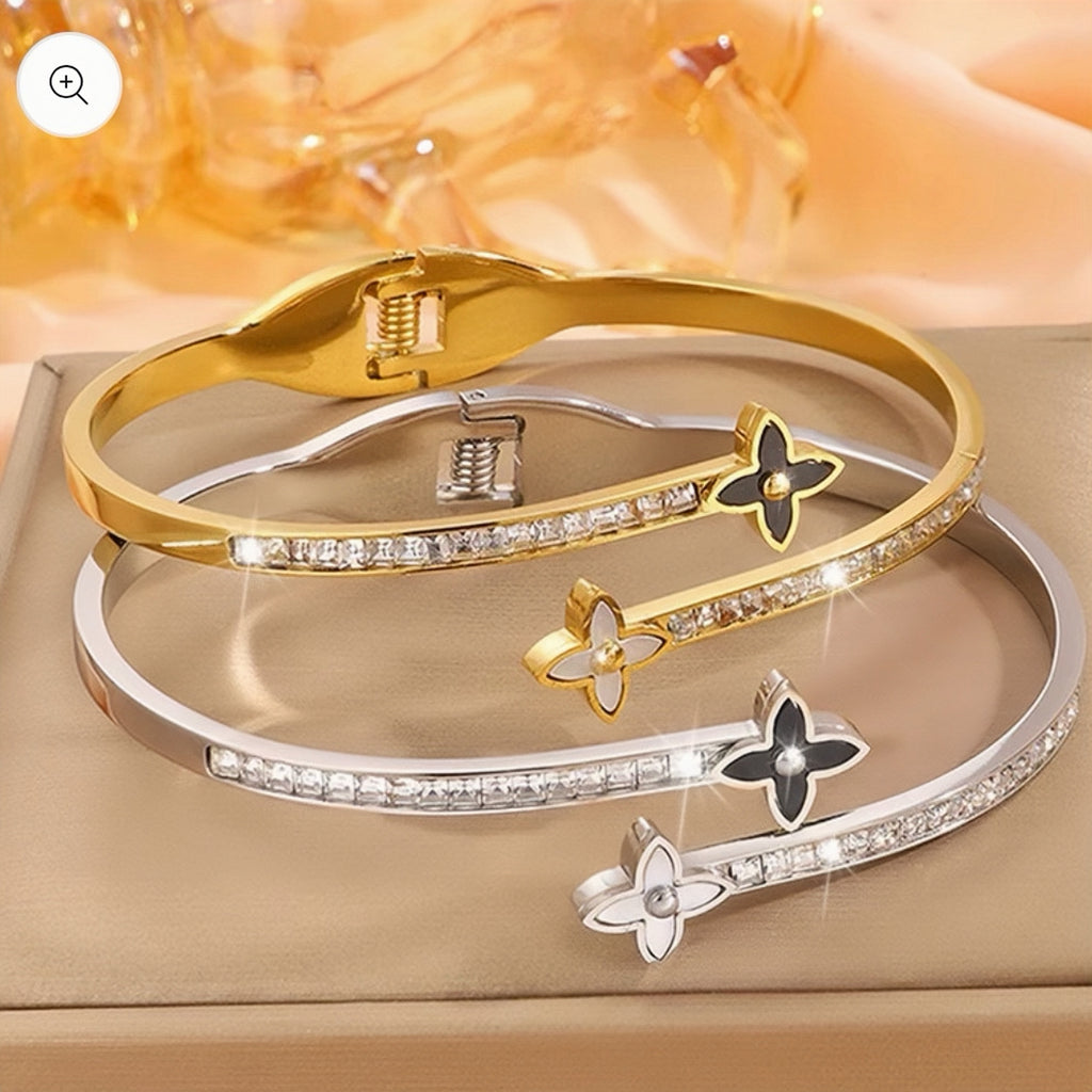 Four-Leaf Crystal Bangle Bracelet – Elegant Gold & Silver Cuff for Everyday Wear