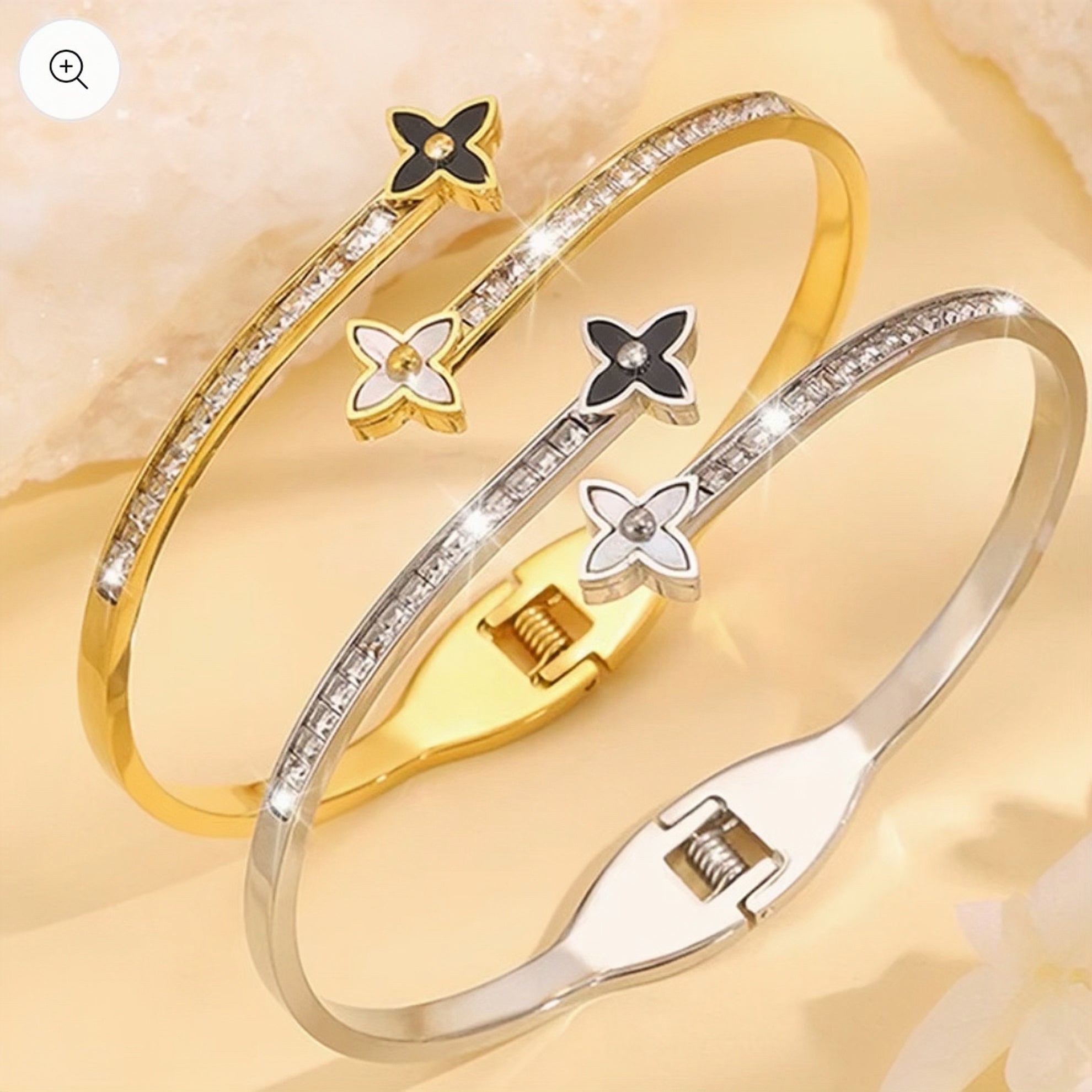 Four-Leaf Crystal Bangle Bracelet – Elegant Gold & Silver Cuff for Everyday Wear