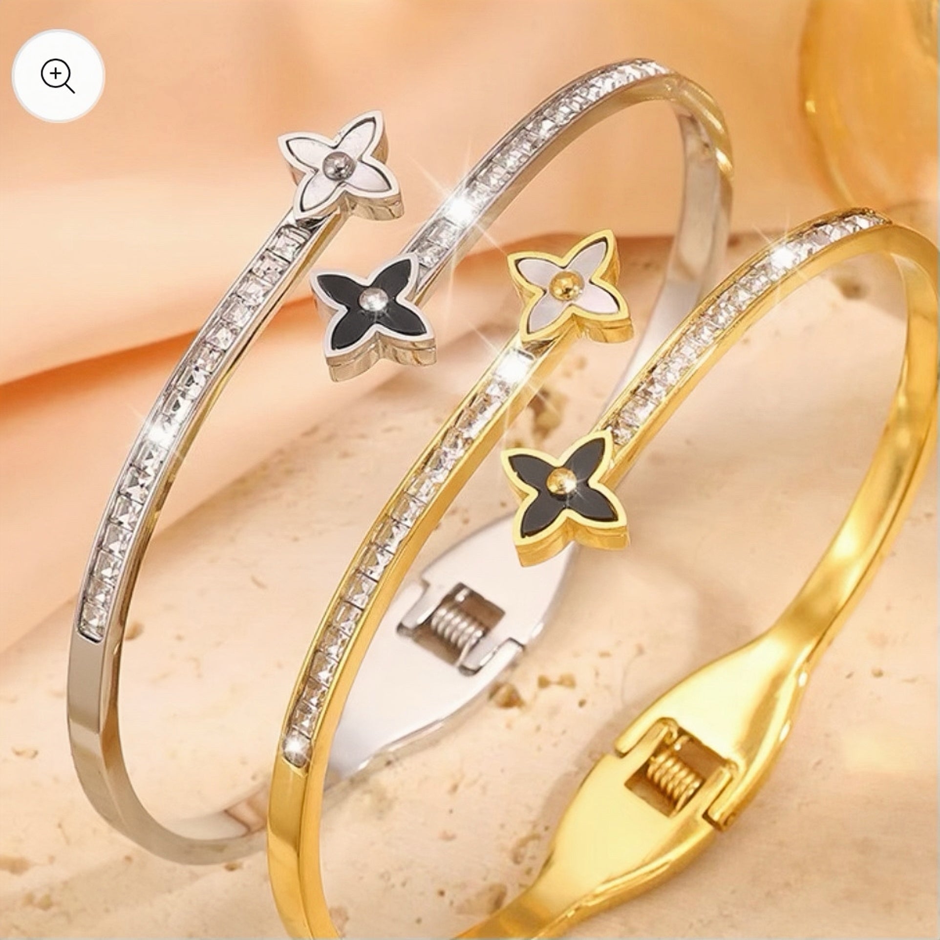 Four-Leaf Crystal Bangle Bracelet – Elegant Gold & Silver Cuff for Everyday Wear