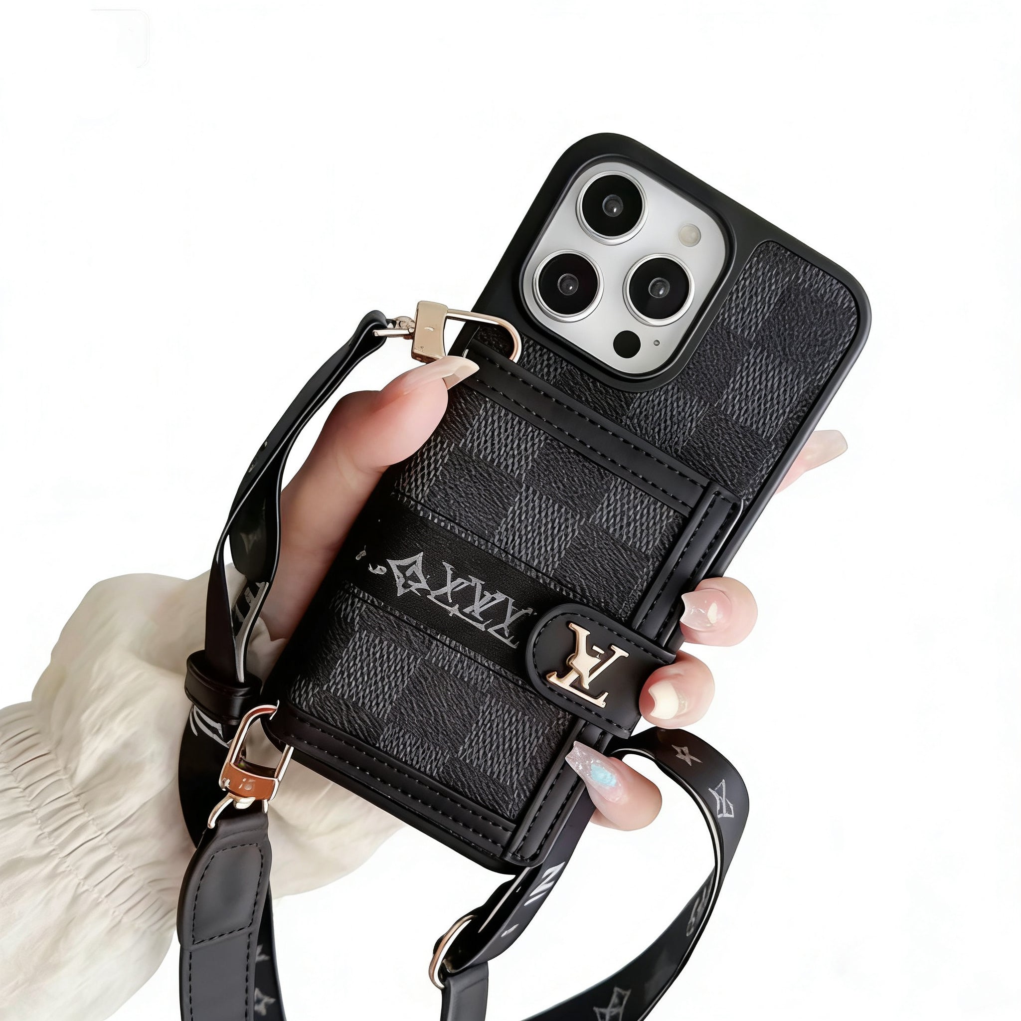 Retro Textured Phone Case with Strap & Card Wallet – Compatible with iPhone