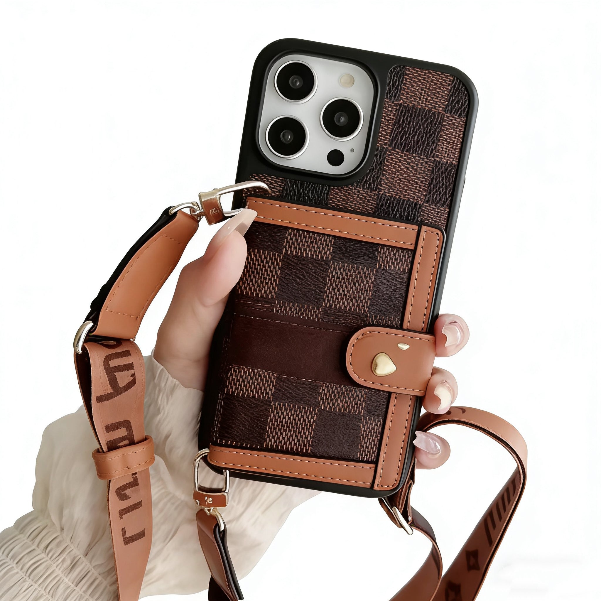 Retro Textured Phone Case with Strap & Card Wallet – Compatible with iPhone