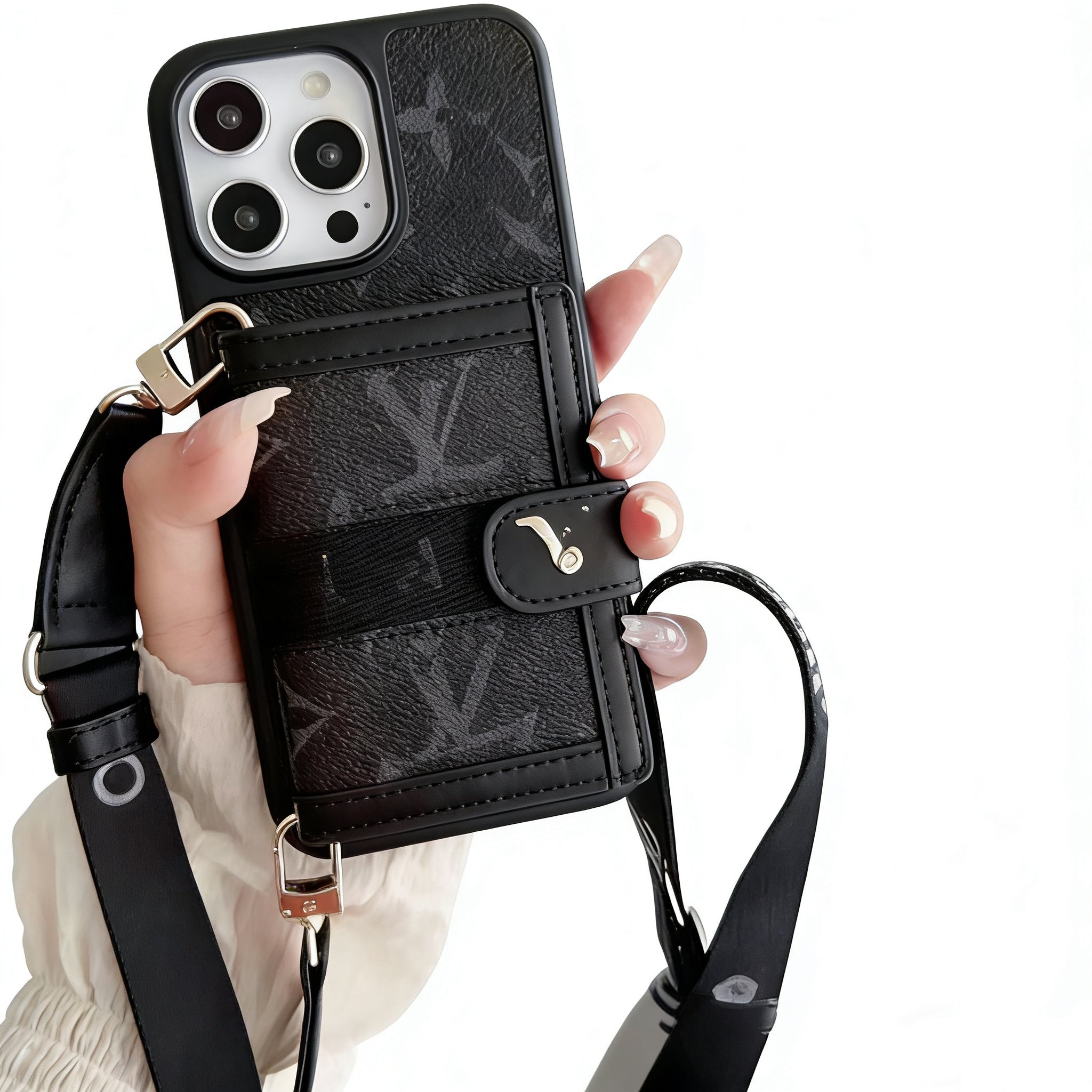 Retro Textured Phone Case with Strap & Card Wallet – Compatible with iPhone