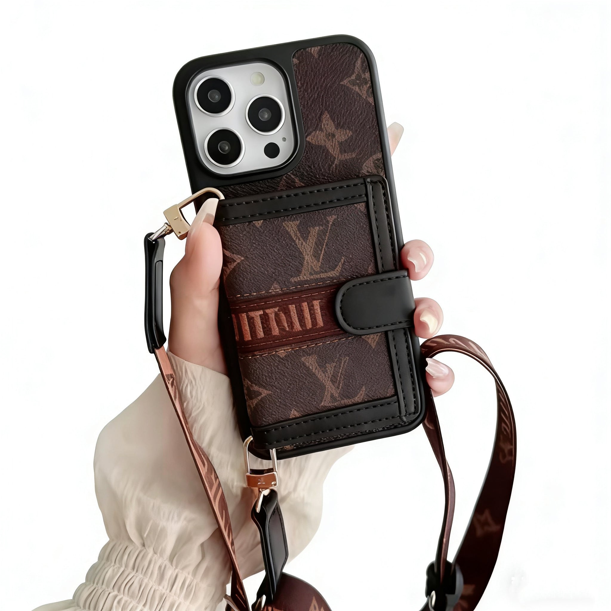 Retro Textured Phone Case with Strap & Card Wallet – Compatible with iPhone