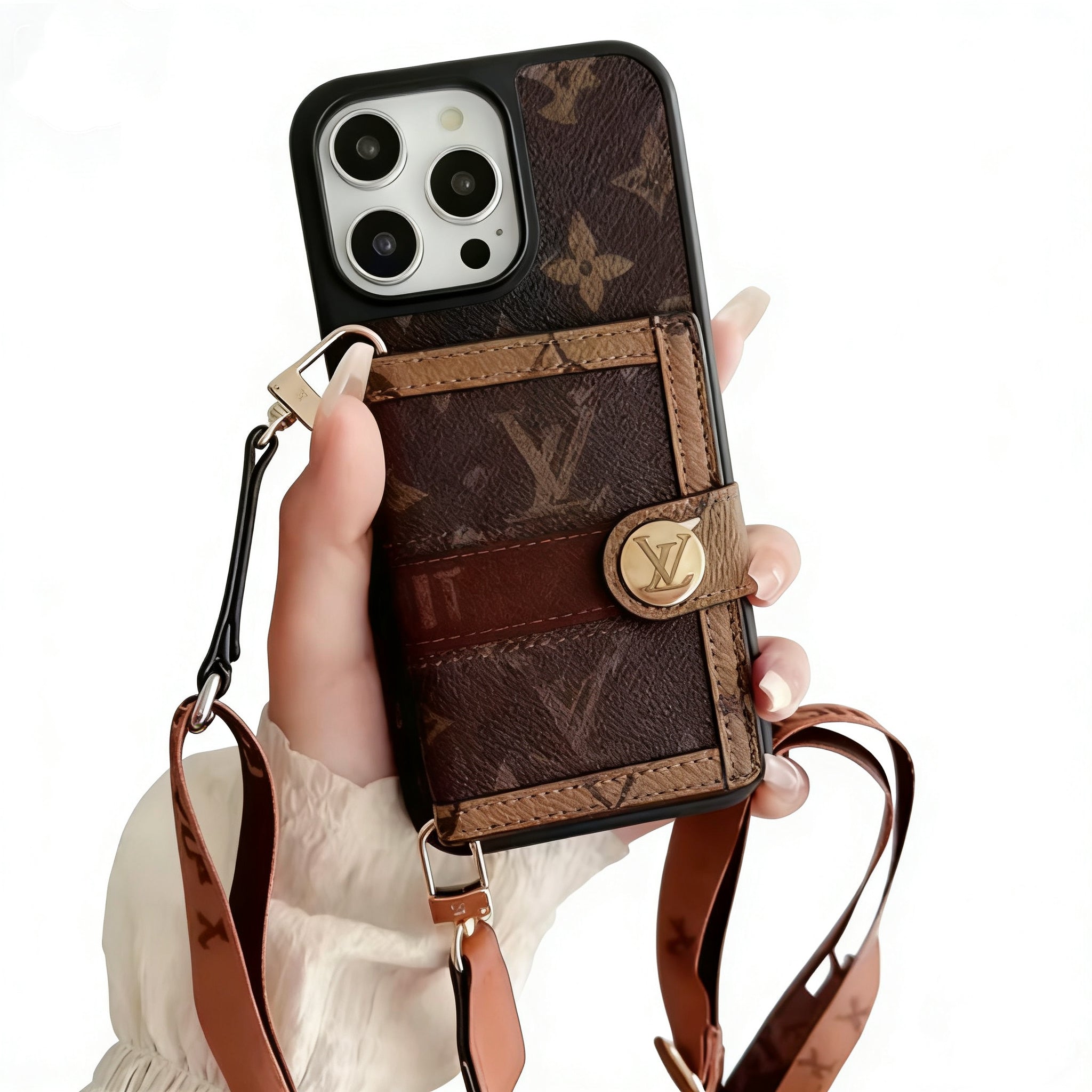Retro Textured Phone Case with Strap & Card Wallet – Compatible with iPhone